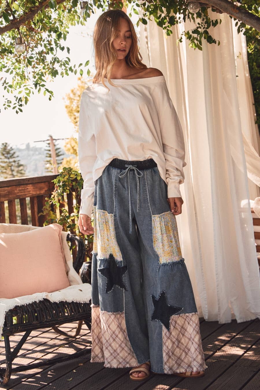 Madelyn Mixed Fabric Star Patchwork Wide Leg Pants ~ Denim