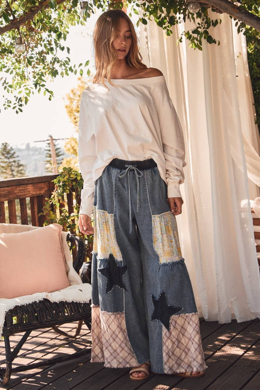 Madelyn Mixed Fabric Star Patchwork Wide Leg Pants ~ Denim
