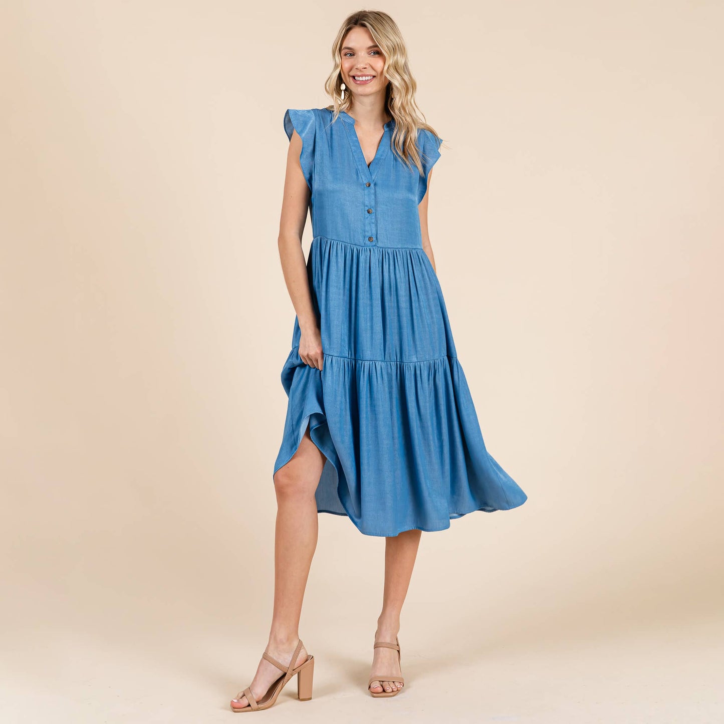 Terry Tiered Flutter Sleeve Midi Dress ~ Chambray