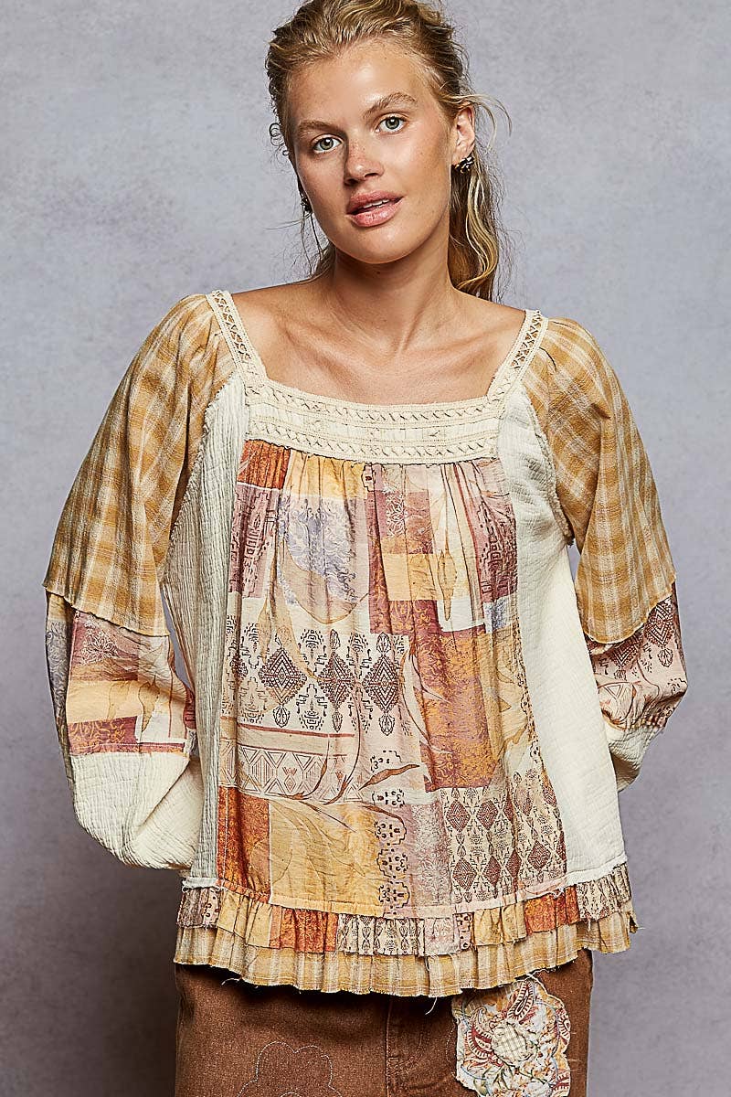 Carley Square Neck Gauze Plaid Top ~ Natural