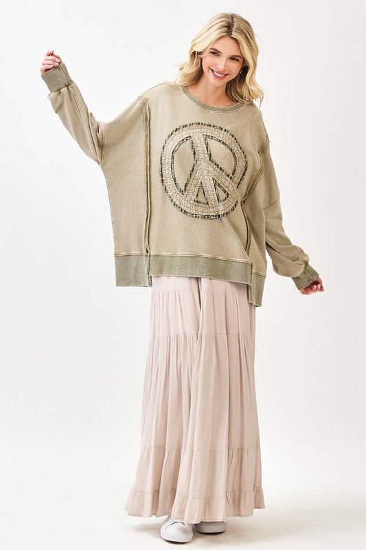 Parker Peace Sign Patch Mineral Wash Pullover ~ Olive