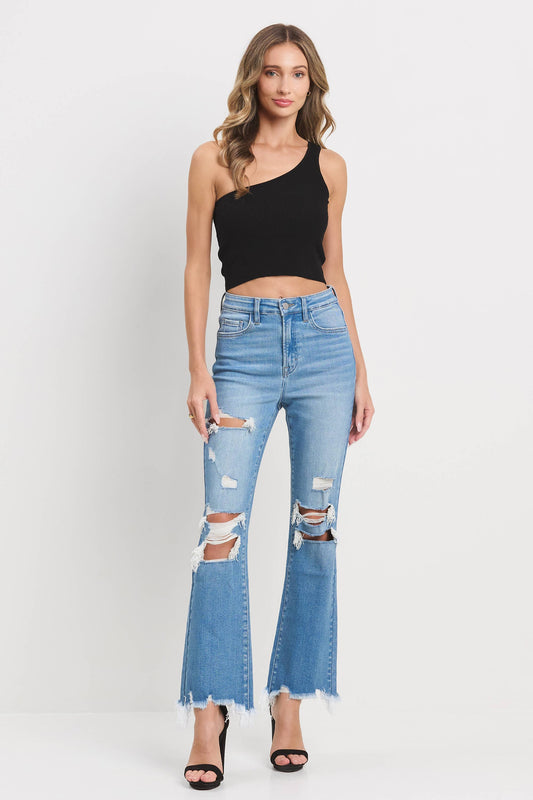 Katie Knee Distress Crop Flare Jeans ~ Light Wash
