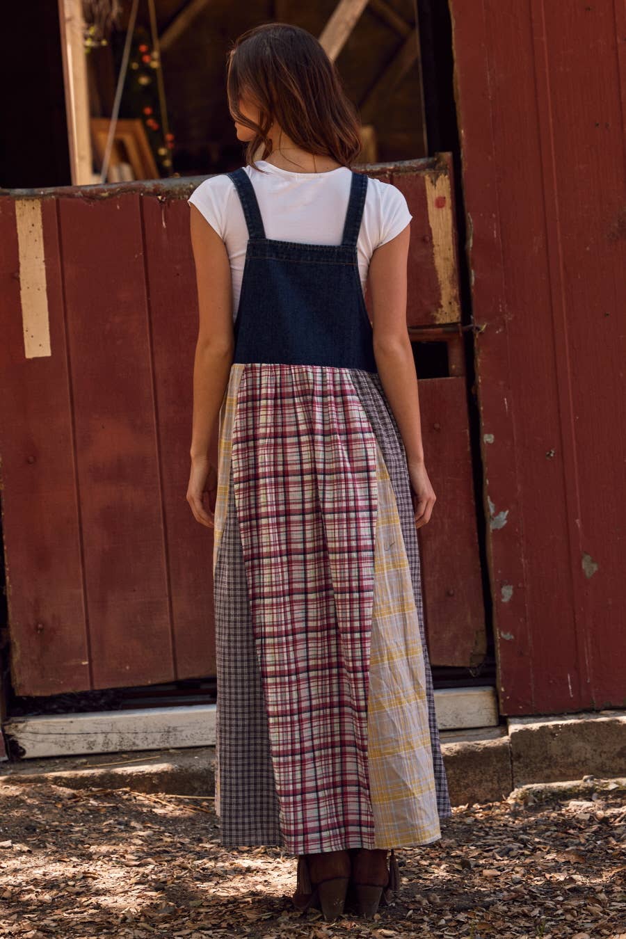 Penny Patchwork Plaid Overall Dress ~ Dark Denim