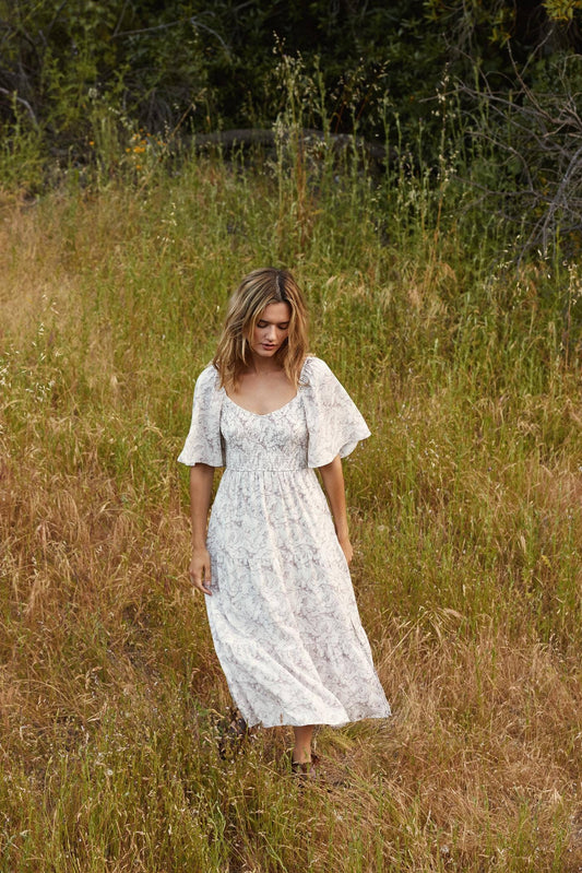 Fallon Floral Flutter Sleeve Midi Dress ~ Cream