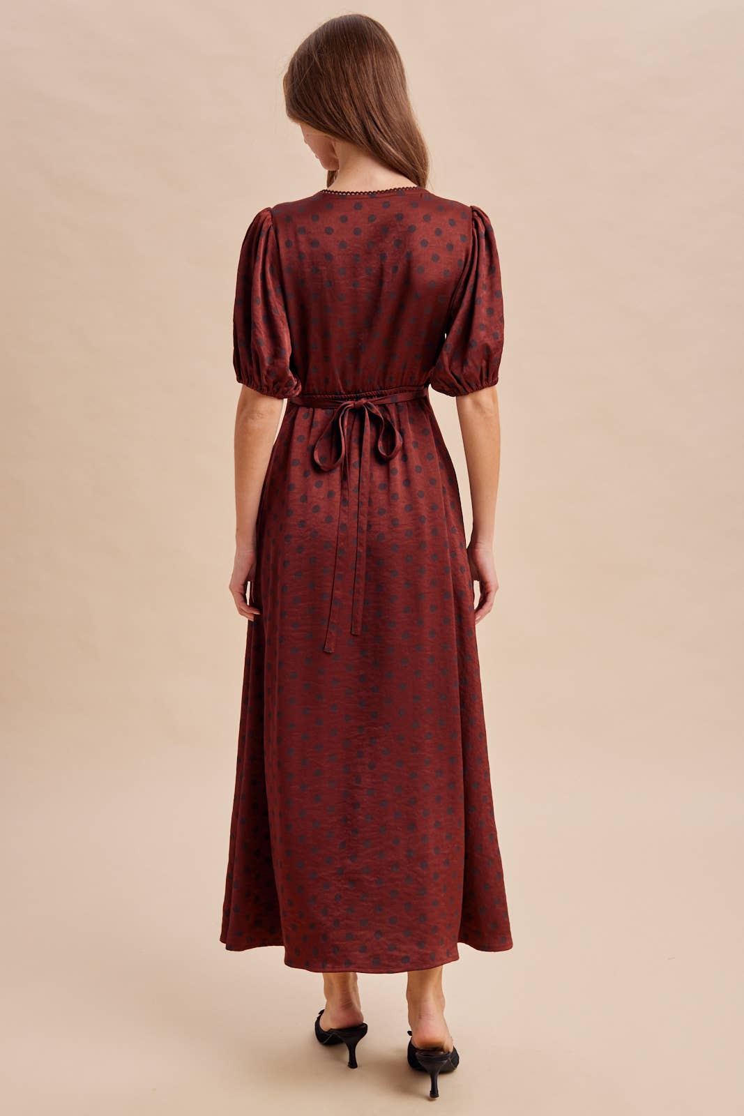 Melanie Satin Polka Dot Button Down Dress ~ Bordeaux