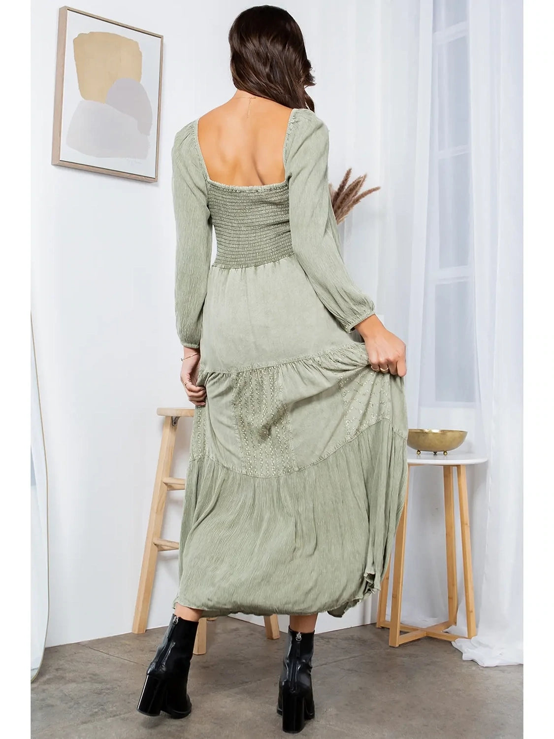 Sadie Square Neck Embroidery Midi Dress ~ Olive