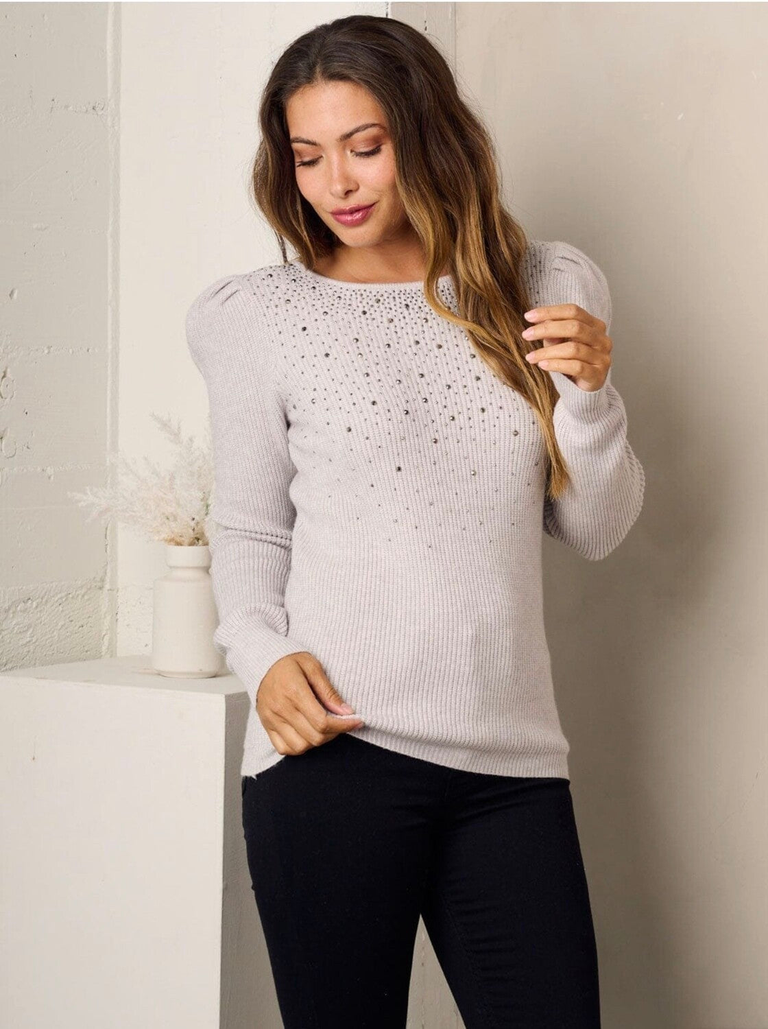 Nova Puff Sleeve Stud Detailed Sweater ~ Grey