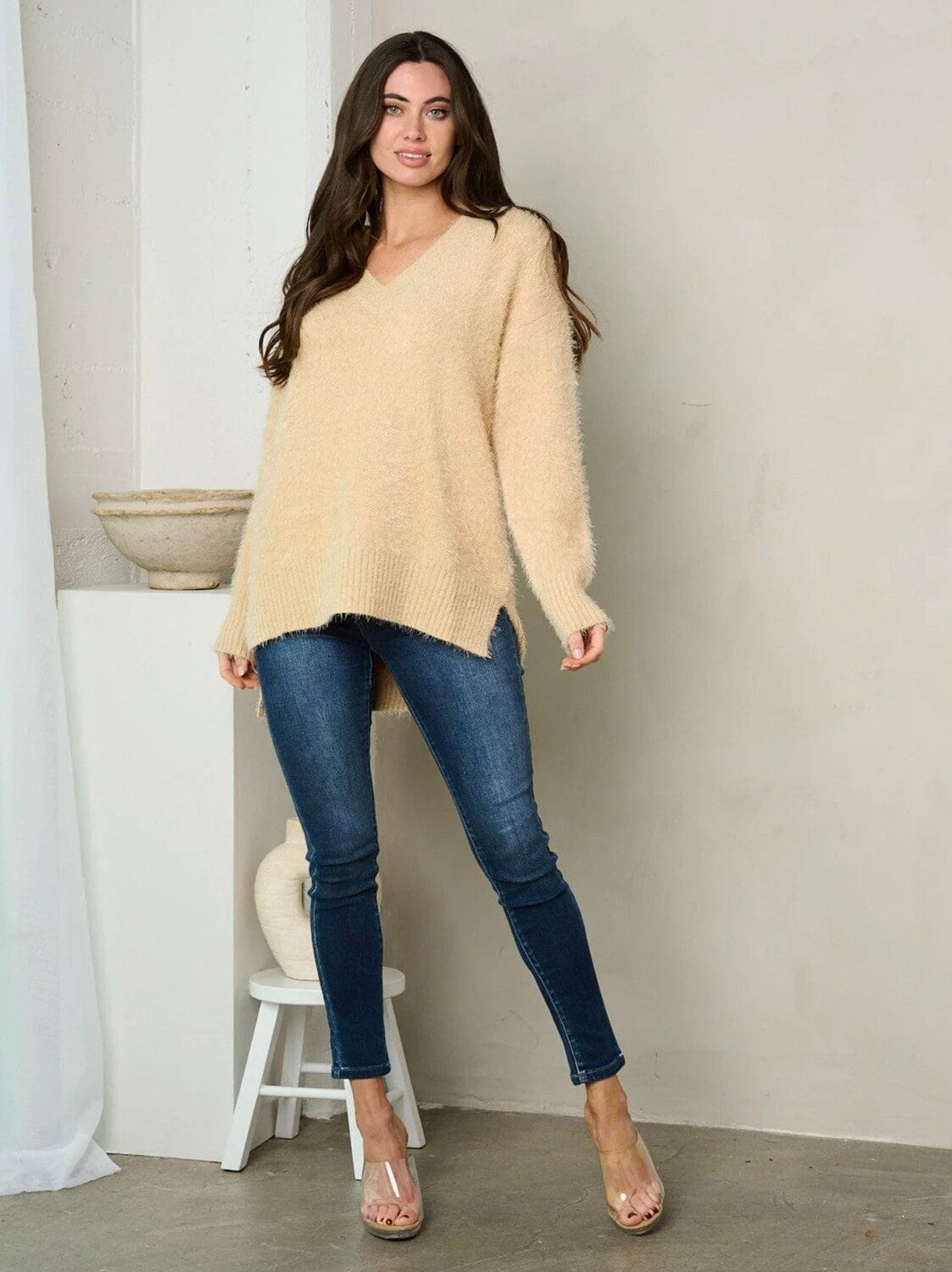 Veronica V Neck Fuzzy Sweater ~ Oatmeal