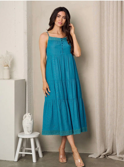 Sara Strappy Eyelet Detail Midi Dress ~ Teal