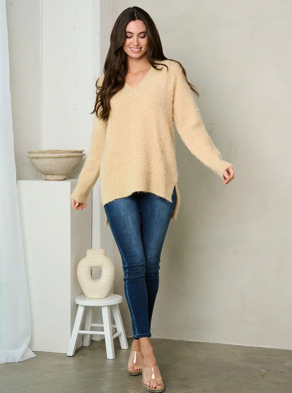 Veronica V Neck Fuzzy Sweater ~ Oatmeal