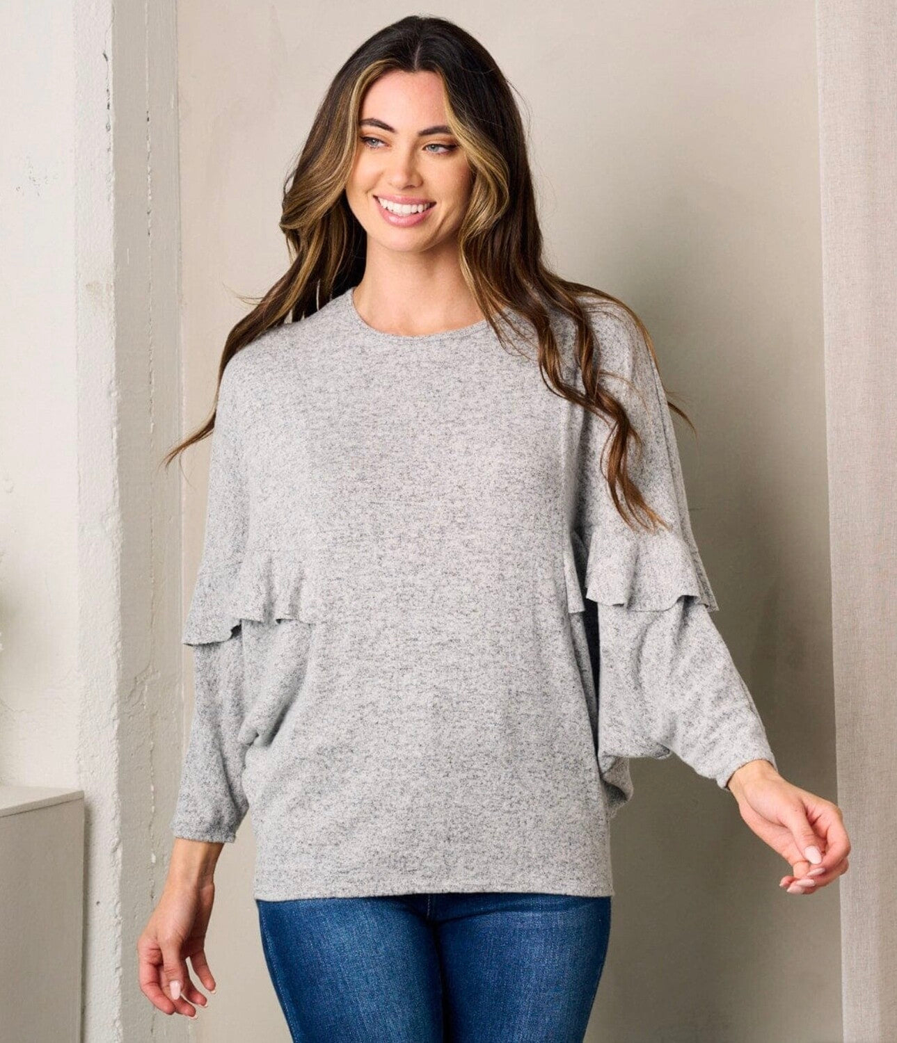 Everly Ruffle Sleeve Top ~ Grey