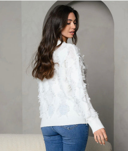 Debi Distress Neck Fringed Sweater ~ Ivory