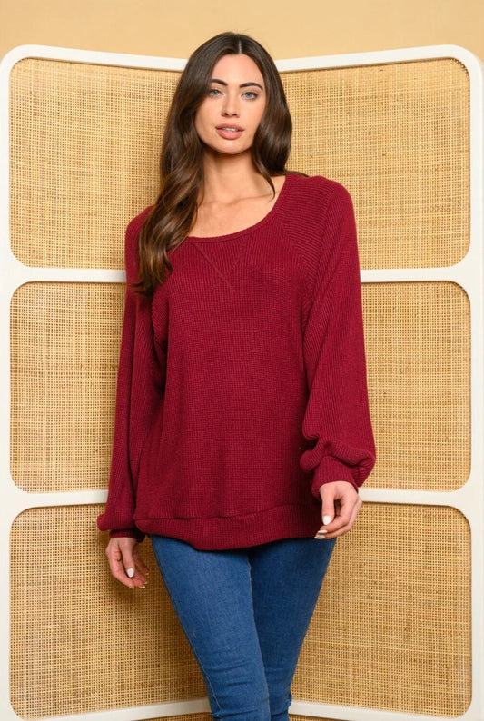 Wanda Waffle Knit Top ~ Burgundy