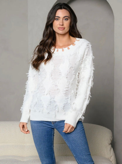 Debi Distress Neck Fringed Sweater ~ Ivory