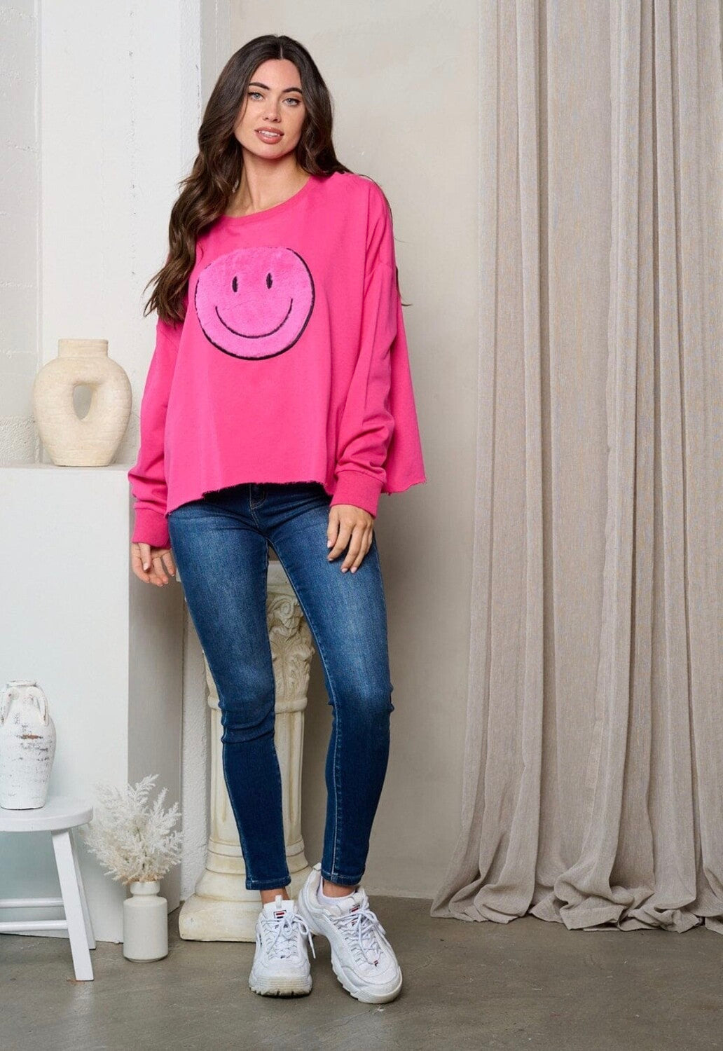 Smiley Face Fuzzy Graphic Pullover ~ Fuchsia