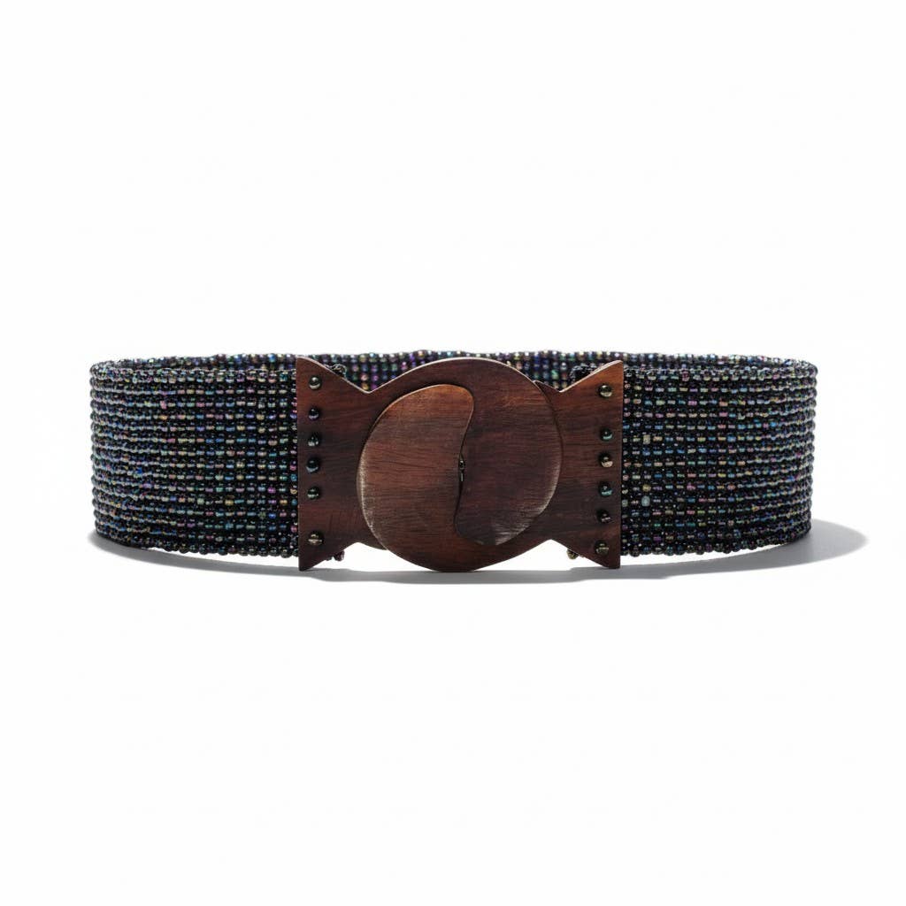 Stretchable Boho Chic Glass Beaded Belt with Wooden Buckle