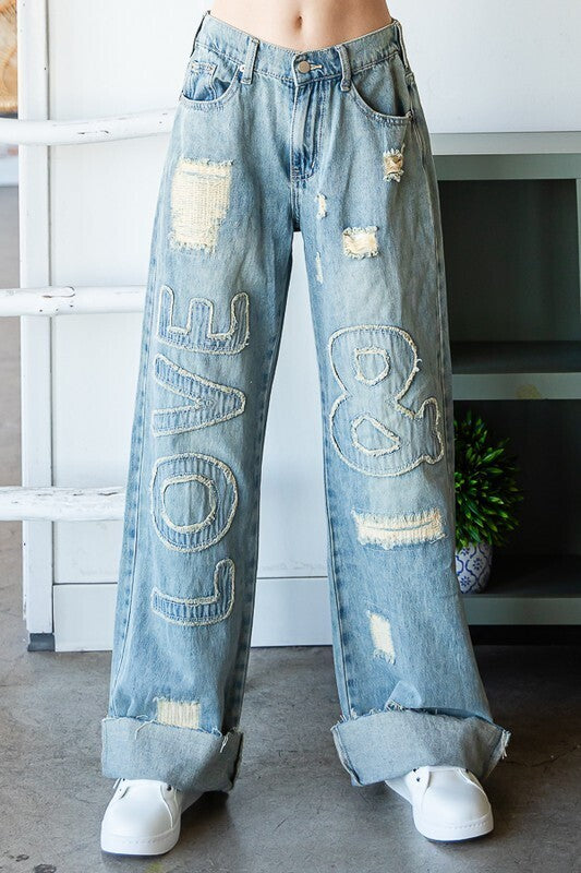 Jane Washed Love Patch Jeans ~ Light Denim