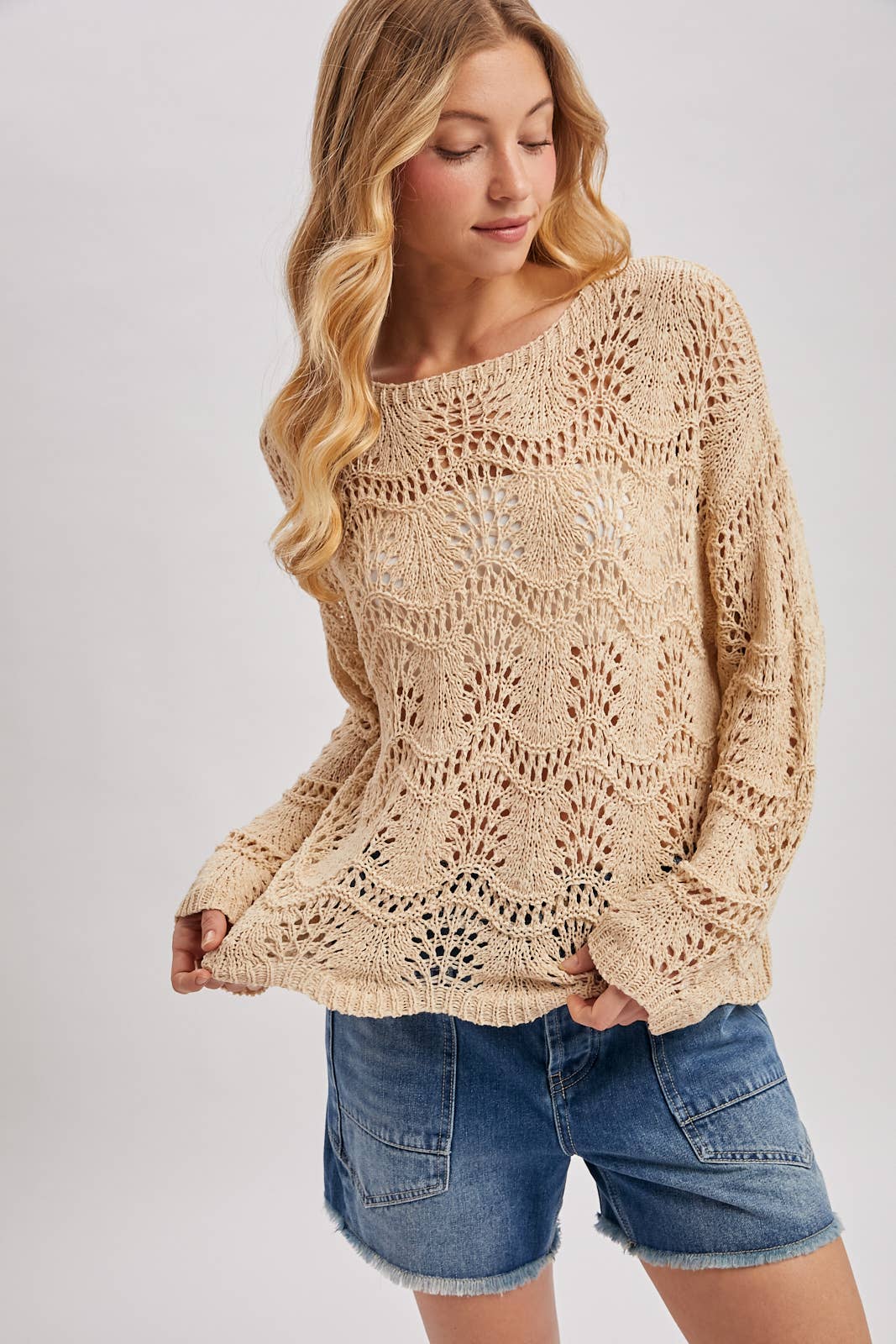 Sara Scalloped Hem Open Knit Sweater ~ Natural