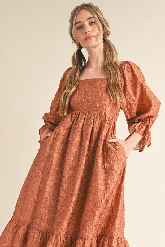 Odette Jacquard Floral Midi Dress ~ Copper