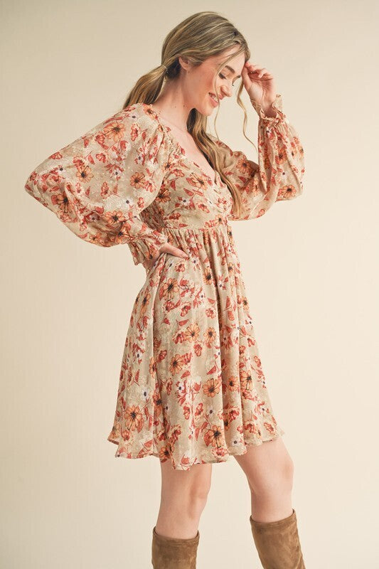 Lucine Balloon Sleeve Floral Mini Dress ~ Taupe