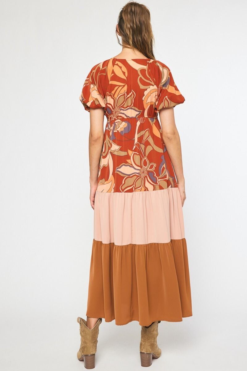 Natalie Color Block Floral Maxi Dress ~ Rust