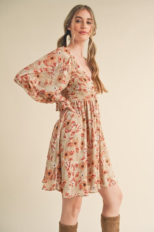 Lucine Balloon Sleeve Floral Mini Dress ~ Taupe