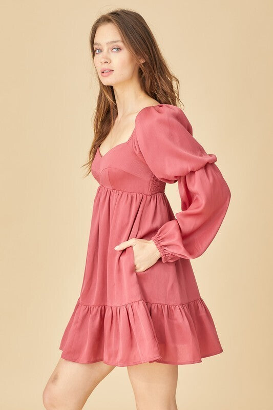 Sadie Tiered Puff Sleeve Ruffle Dress ~ Red Berry