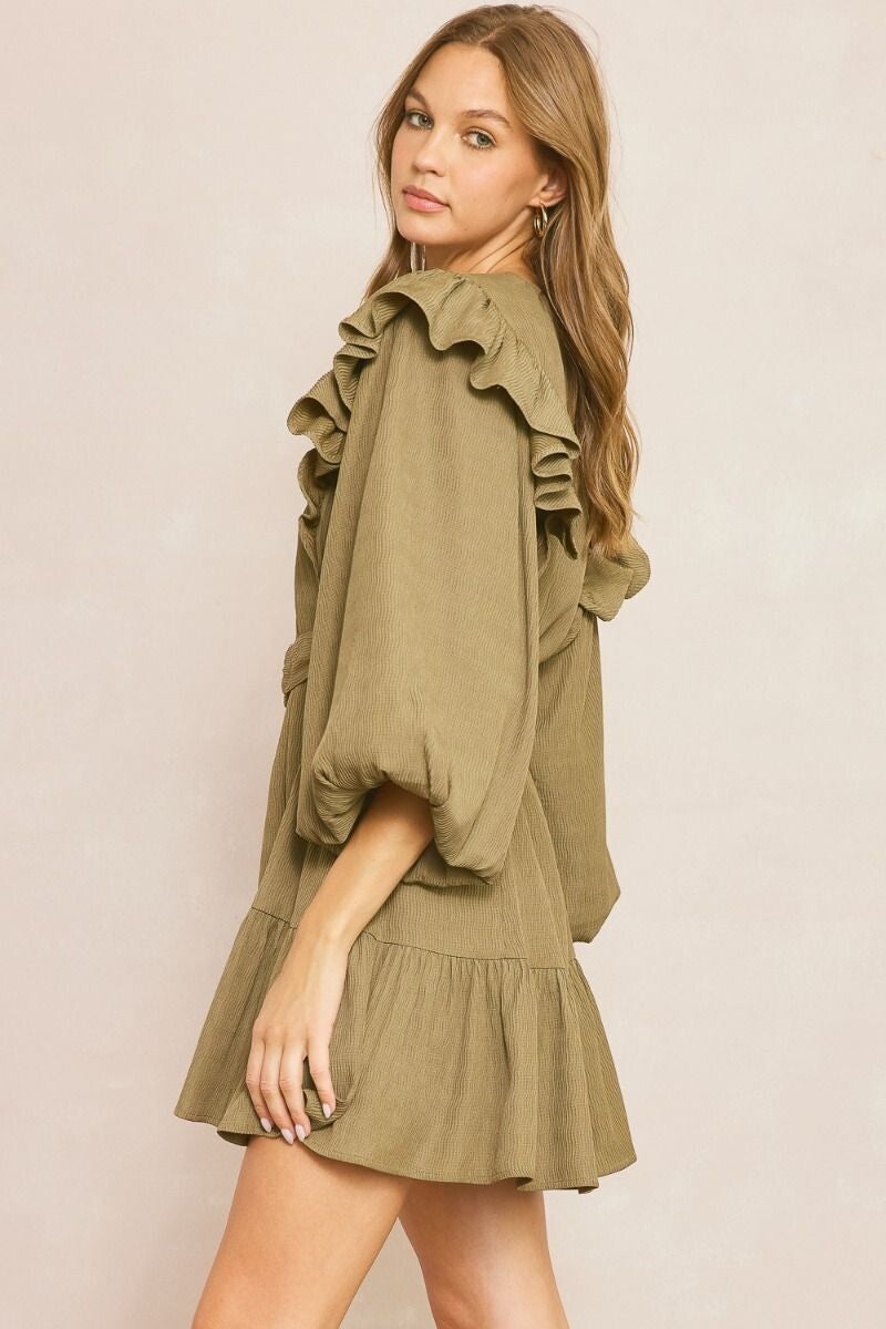 Skylar Textured Bubble Sleeve Mini Dress ~ Olive