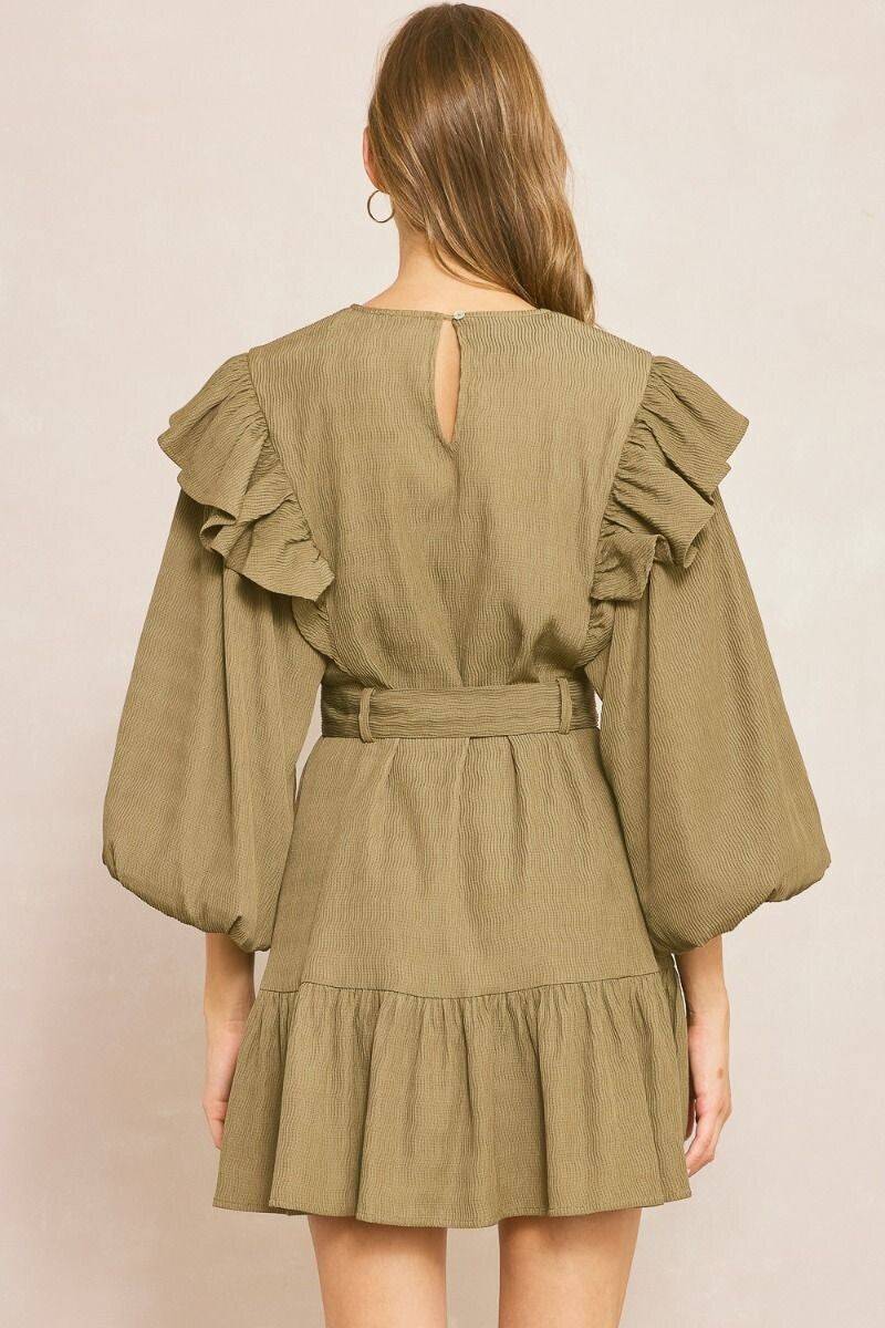 Skylar Textured Bubble Sleeve Mini Dress ~ Olive
