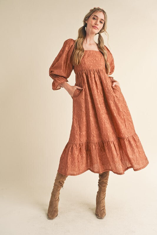 Odette Jacquard Floral Midi Dress ~ Copper