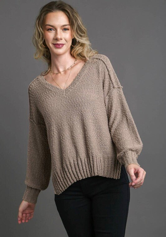 Heidi V Neck Side Slit Sweater ~ Taupe