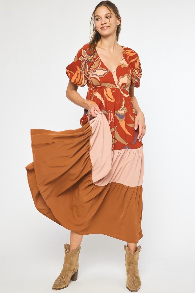 Natalie Color Block Floral Maxi Dress ~ Rust
