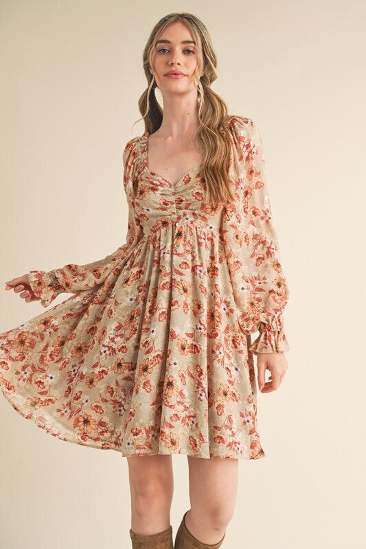 Lucine Balloon Sleeve Floral Mini Dress ~ Taupe