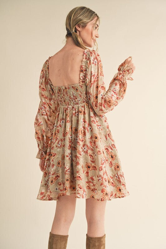 Lucine Balloon Sleeve Floral Mini Dress ~ Taupe