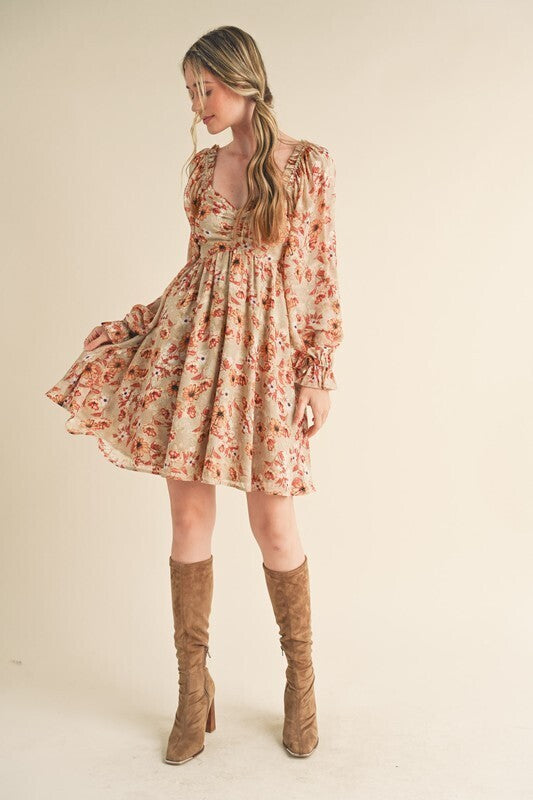 Lucine Balloon Sleeve Floral Mini Dress ~ Taupe