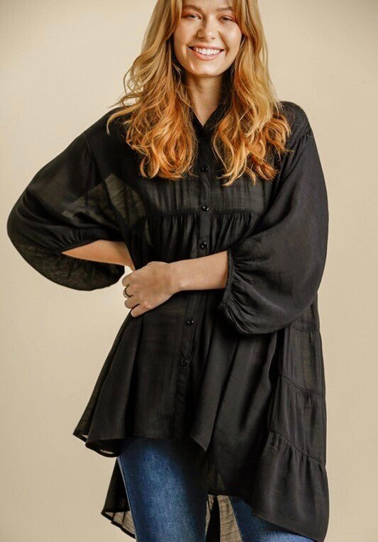 Gemma 3/4 Sleeve High Low Tunic Top ~ Black