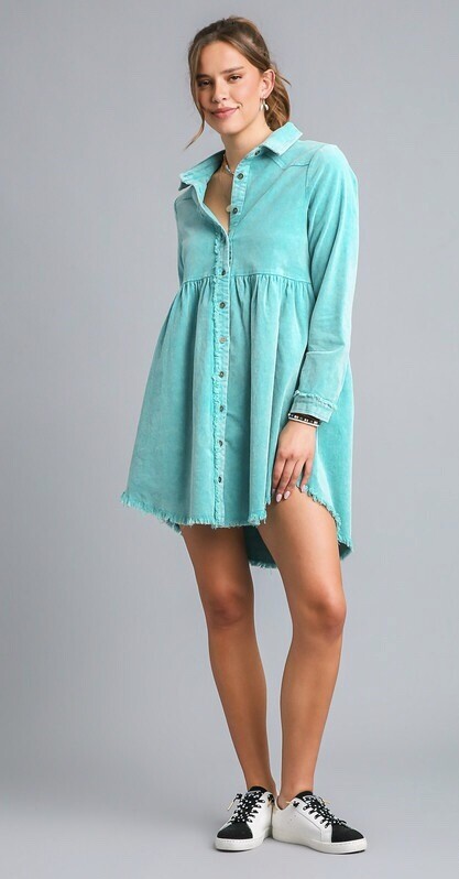Jurnee Mineral Wash Button Down Dress ~ Turquoise