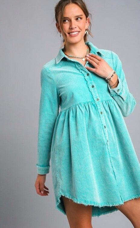 Jurnee Mineral Wash Button Down Dress ~ Turquoise