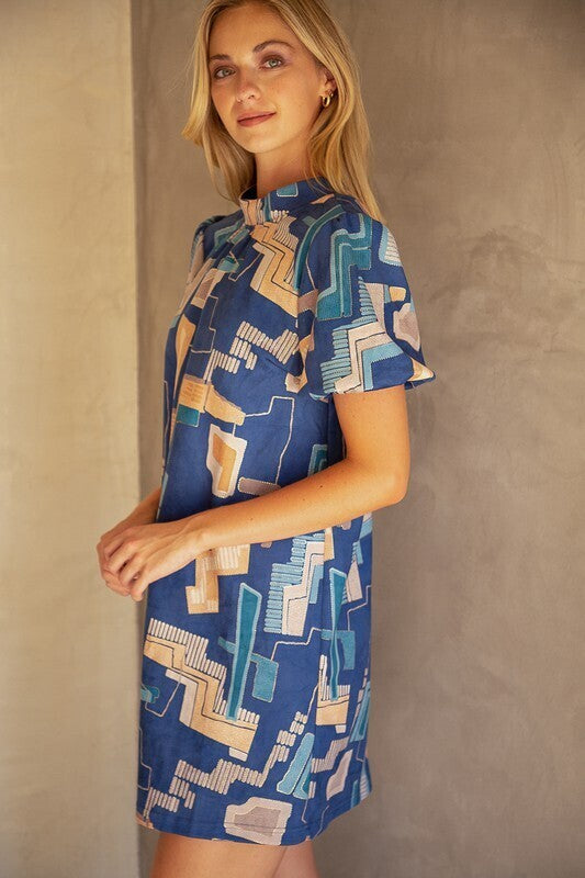 Poppy Bubble Sleeve Print Shift Dress ~ Blue