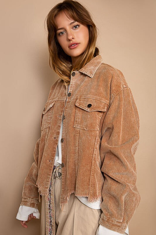 Josie Distressed Hem Corduroy Jacket ~ Teddy Bear