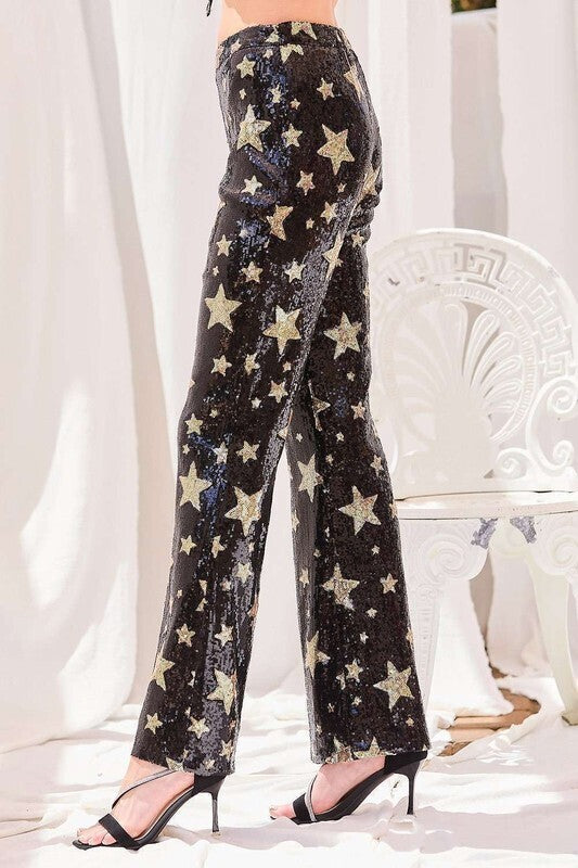 Haisley Wide Leg Sequin Star Pants ~ Black