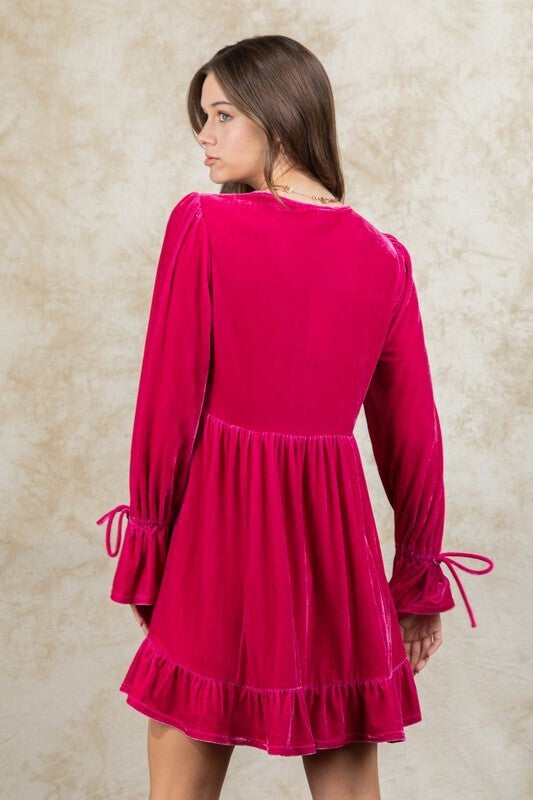 Teagon V Neck Velvet Ruffle Dress ~ Hot Pink