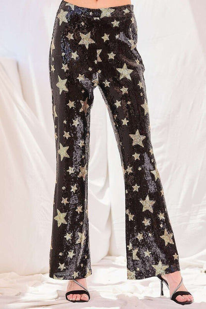 Haisley Wide Leg Sequin Star Pants ~ Black