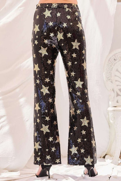 Haisley Wide Leg Sequin Star Pants ~ Black