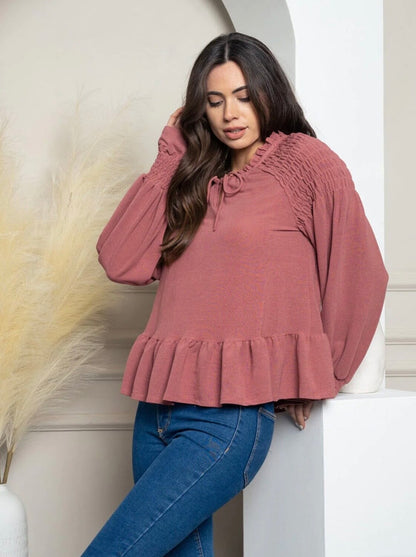 Cassie Front Tie Peplum Top ~ Mauve