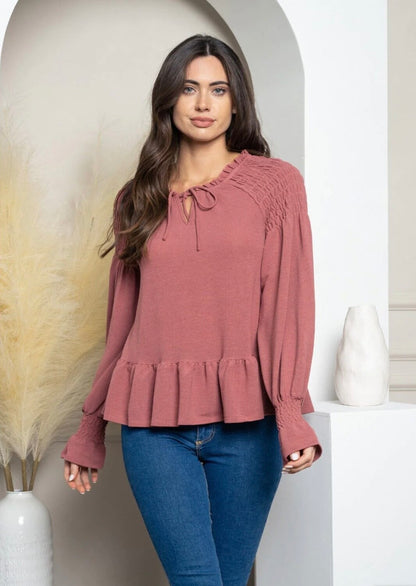 Cassie Front Tie Peplum Top ~ Mauve