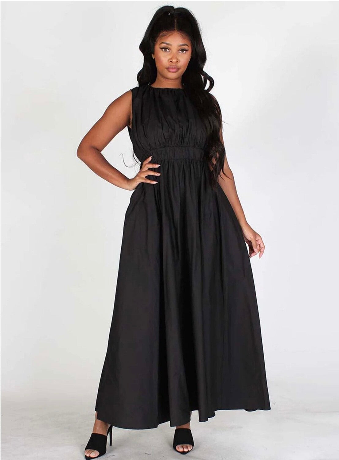 Sadie Removable Sleeves Pocket Maxi Dress ~ Black