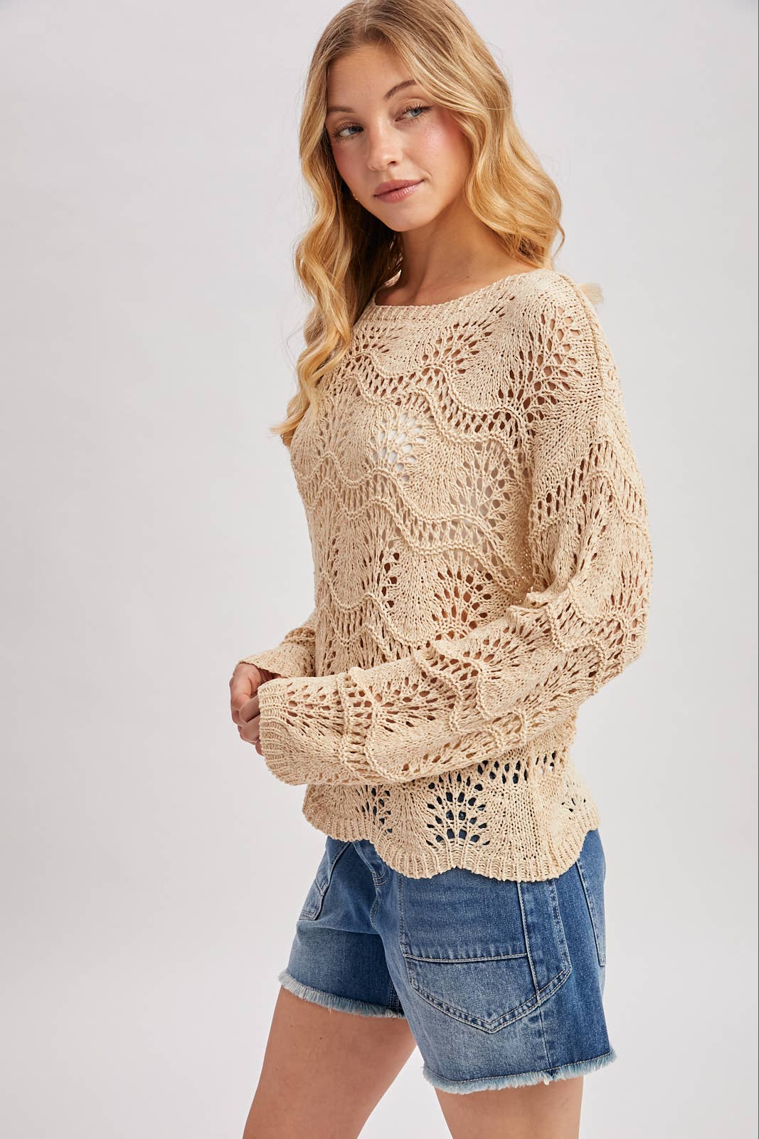 Sara Scalloped Hem Open Knit Sweater ~ Natural