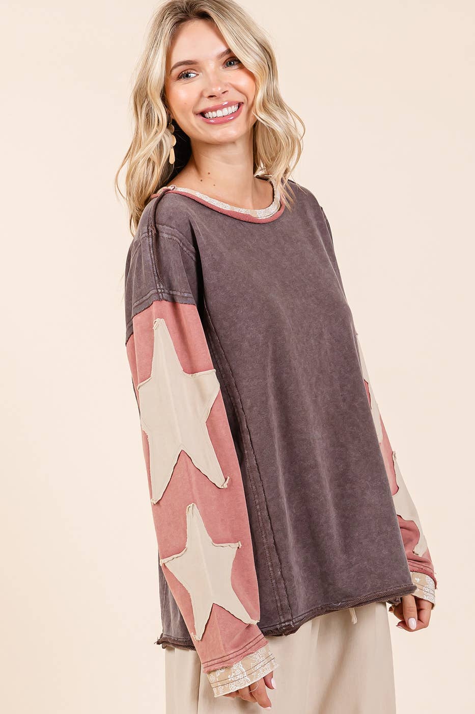 Sara Star Patch Colorblock Mineral Wash Top ~ Brown