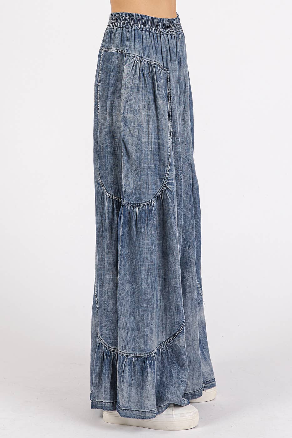 Nellie Washed Tier Detail Wide Leg Pants ~ Chambray